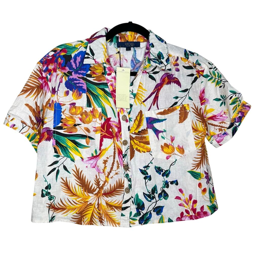 Rachel Roy 100% Linen Tropical Floral Print Short Sleeve Button Shirt Sz XS NWT